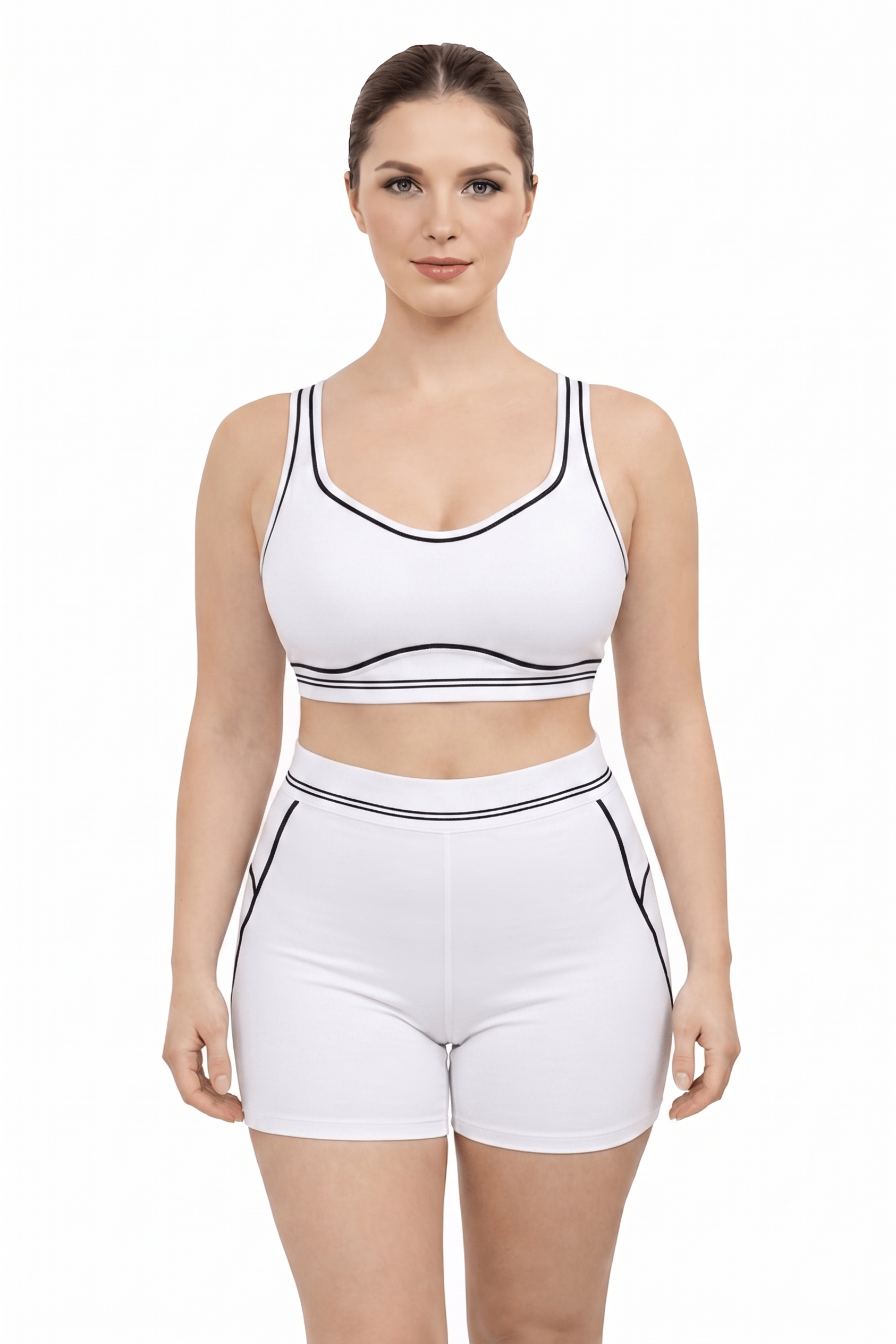 Activewear Set Small / White Women Activewear White Trim Sports Bra With Matching Shorts Set