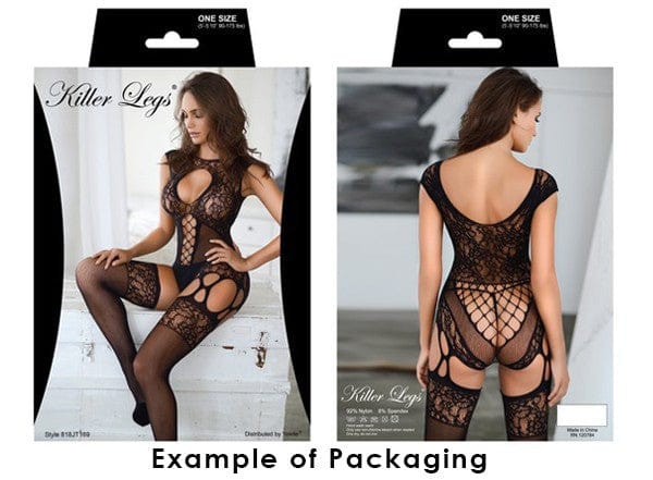 Black / QUEEN Intricate Design Crotchless Fishnet Bodystocking