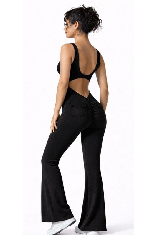 Black / Small Open Back Scrunch Butt Flare Bottom Jumpsuit
With Pockets