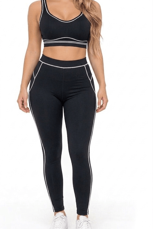 Black / Small Women White Piping Trim Sports Bra Leggings Pants Set