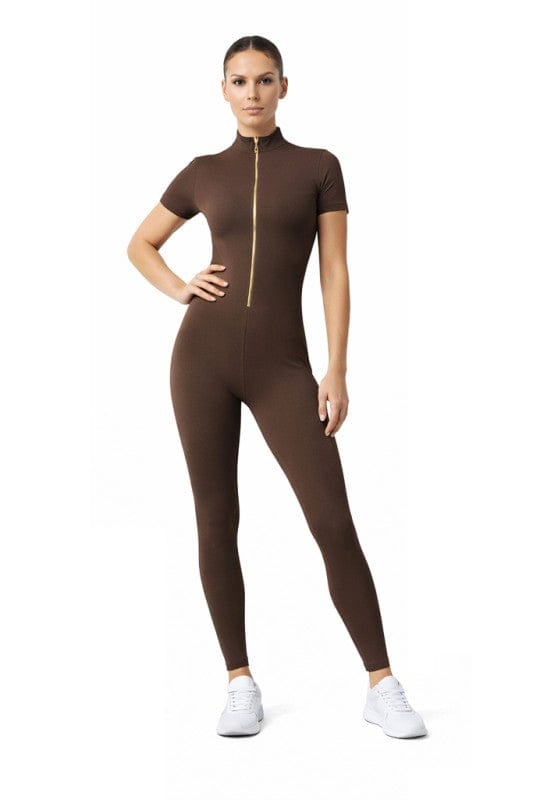 Brown / Small Gold Zipper Short Sleeve Active Wear Jumpsuit