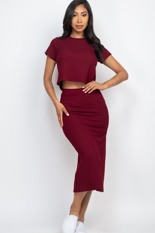 Burgundy / S Ribbed Solid Top & Midi Skirt Set