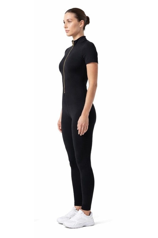 Gold Zipper Short Sleeve Active Wear Jumpsuit
