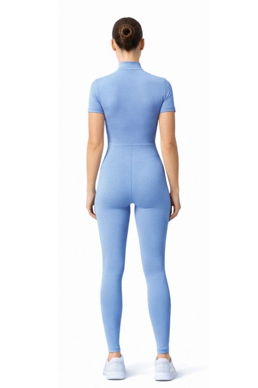 Gold Zipper Short Sleeve Active Wear Jumpsuit