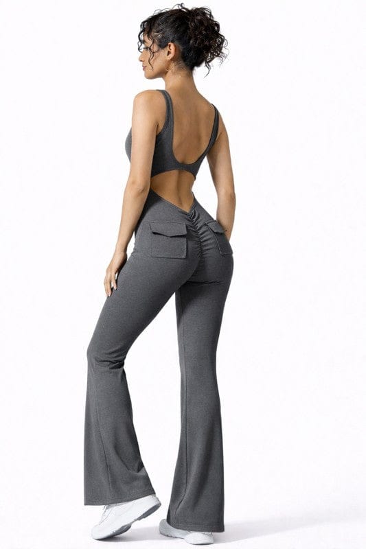 Gray / Small Open Back Scrunch Butt Flare Bottom Jumpsuit
With Pockets