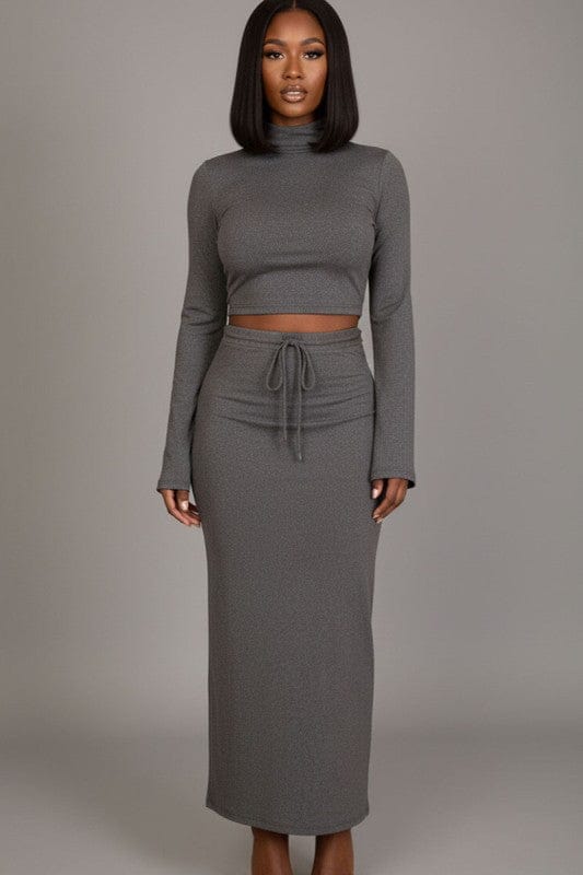 Heather Grey / S Mock Neck Bell Sleeve Crop Top & Maxi Skirt Set