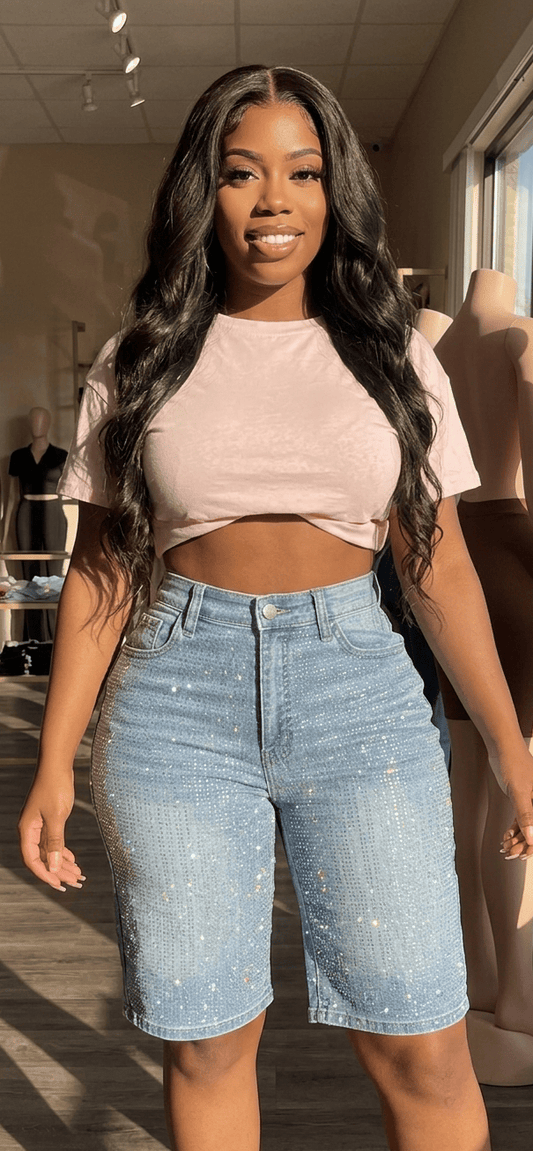 Small Women Half Cut Rhinestone Denim Jeans Pants