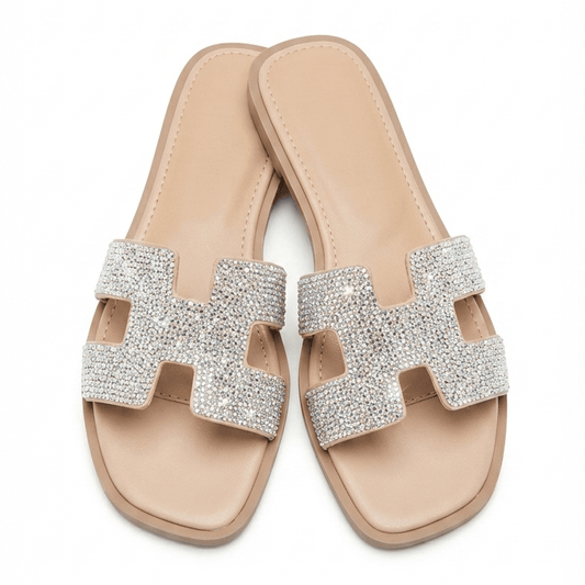 Women’s Rhinestone H-Band Flat Slides – Nude / AB Crystal