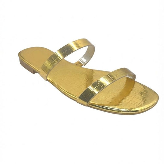 Women’s Shiny Gold Croc-Embossed Flat Sandals with Double Straps