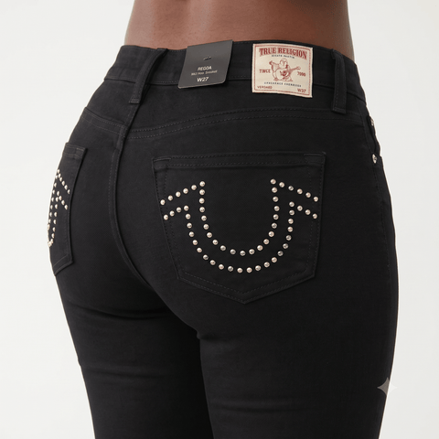 26 Women True Religion Black Boot Cut Flare Horse Shoe Long denim Jeans Pants