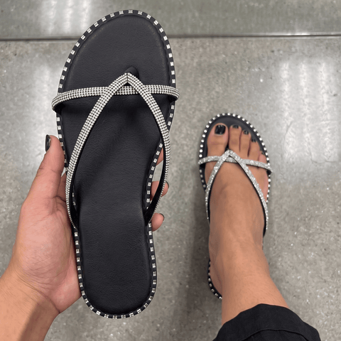 5.5 Rhinestone Criss-Cross Thong Sandals – Black
