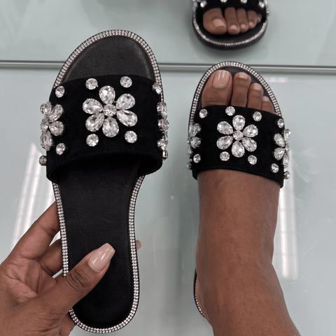 5.5 Sparkling Crystal Flower Suede Slide Sandals – Black