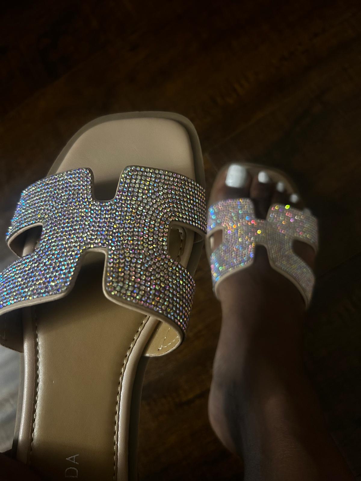 5.5 Women’s Rhinestone H-Band Flat Slides – Nude / AB Crystal