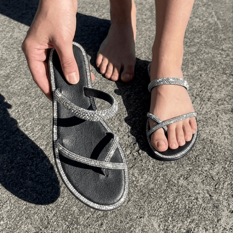 5 Women's Rhinestone Flat Sandals – Sparkly Double Strap Slip-on Summer Slide Sandals