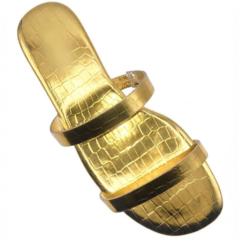 6.5 Women’s Shiny Gold Croc-Embossed Flat Sandals with Double Straps