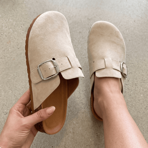 6 Suede Buckle Clog Mules | Lightweight Neutral Slip-On Footwear