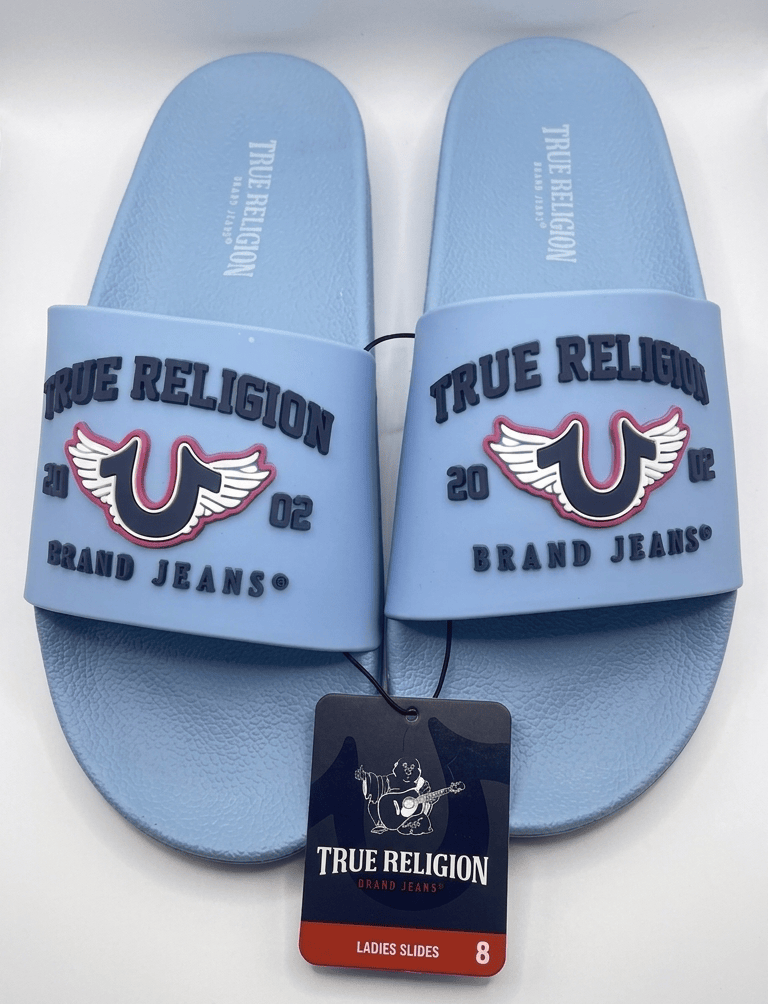 7 True Religion Women's Logo Slide Sandals (Light Blue / Navy)