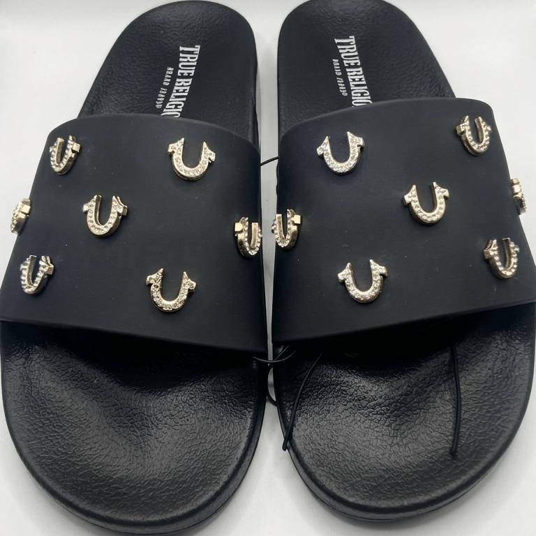 7 True Religion Women's Studded Horseshoe Logo Slide Sandals - Black/Gold