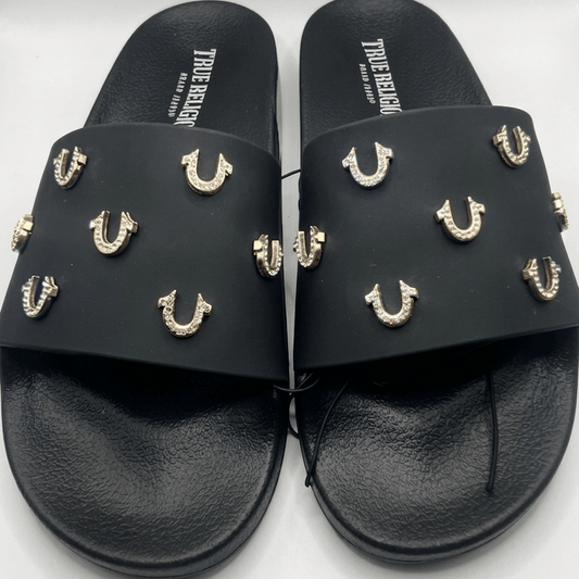 7 True Religion Women's Studded Horseshoe Logo Slide Sandals - Black/Gold