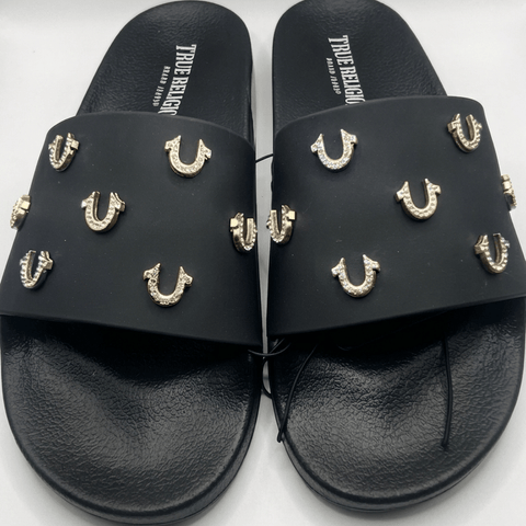 7 True Religion Women's Studded Horseshoe Logo Slide Sandals - Black/Gold