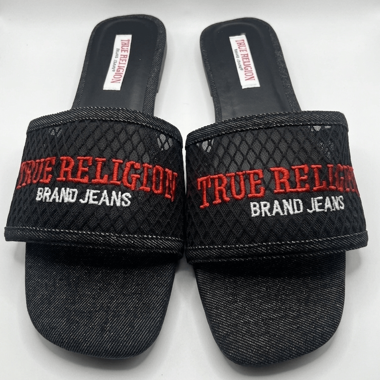 7 Women True Religion Black Denim Square Toe Slide Sandals
