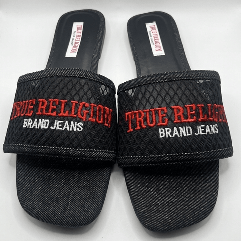 7 Women True Religion Black Denim Square Toe Slide Sandals