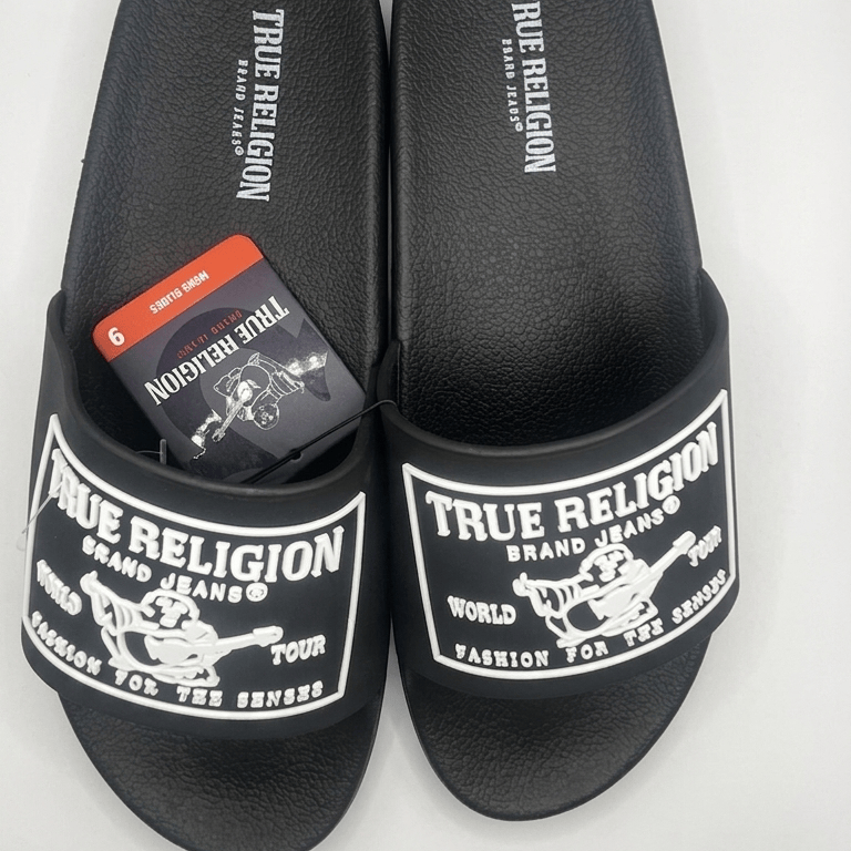 8 True Religion Men's "World Tour" Casual Slide Sandals (Black/White)