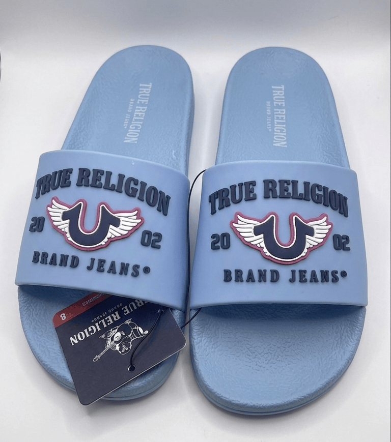 8 True Religion Women's Logo Slide Sandals (Light Blue / Navy)