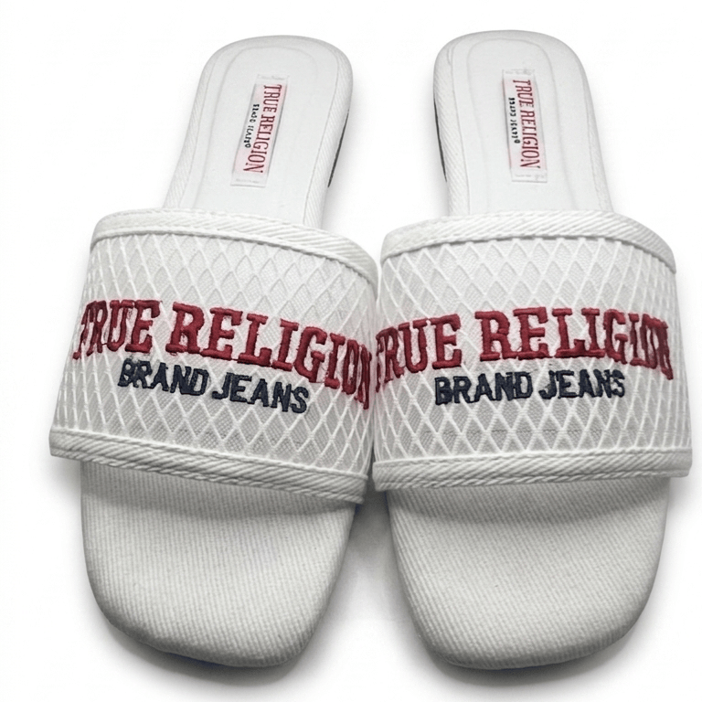 8 True Religion Women's Mesh Slide Sandal - White/Red/Navy