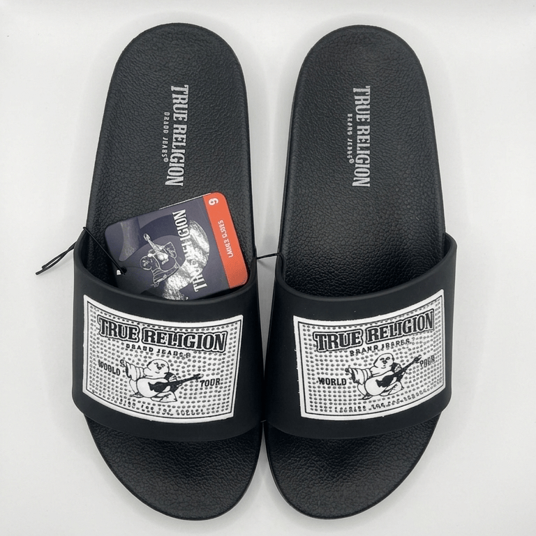 9 True Religion Men's/Women's Buddha Tour Rhinestone Slide Sandals - Black/White