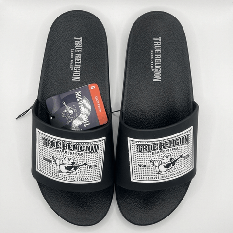 9 True Religion Men's/Women's Buddha Tour Rhinestone Slide Sandals - Black/White
