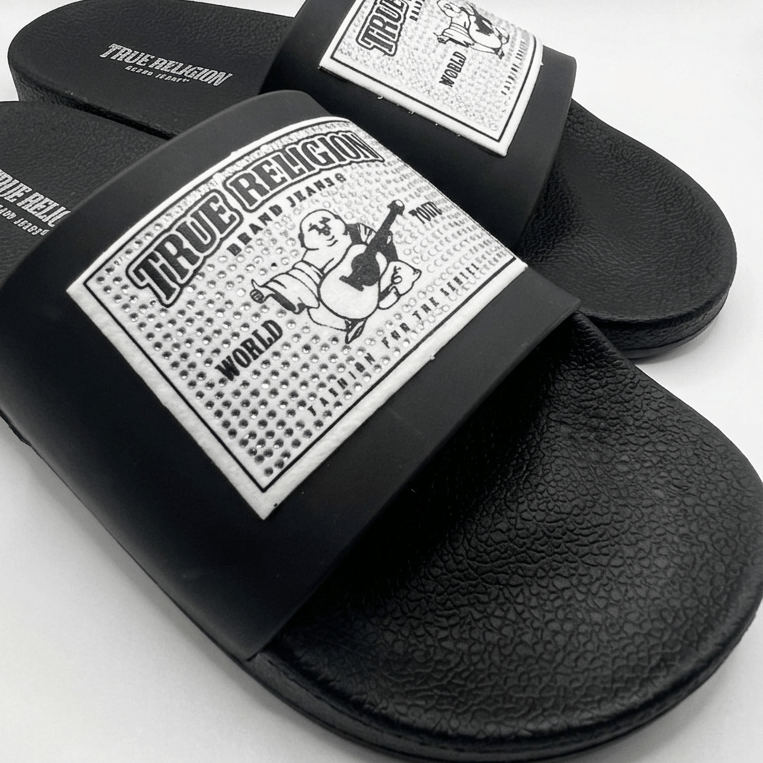 9 True Religion Men's/Women's Buddha Tour Rhinestone Slide Sandals - Black/White