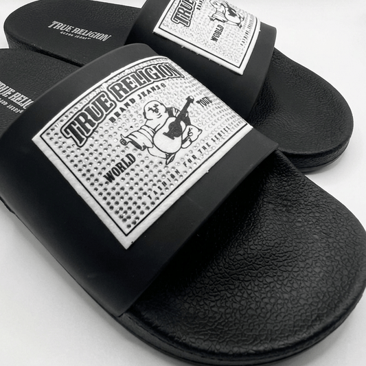 9 True Religion Men's/Women's Buddha Tour Rhinestone Slide Sandals - Black/White