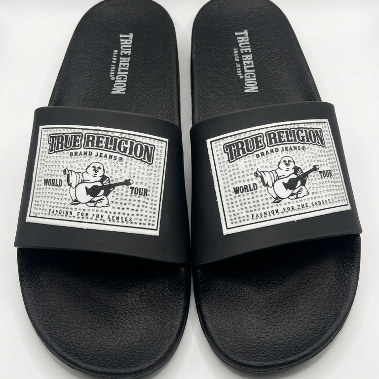 9 True Religion Men's/Women's Buddha Tour Rhinestone Slide Sandals - Black/White
