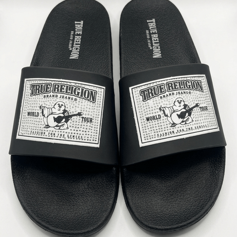 9 True Religion Men's/Women's Buddha Tour Rhinestone Slide Sandals - Black/White