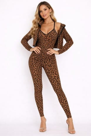 Activewear Set Brown / Small Women Leopard Print Fitted Long Bodysuit Romper