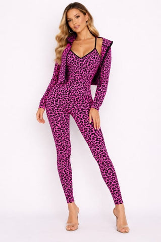 Activewear Set Purple / Small Women Leopard Print Fitted Long Bodysuit Romper