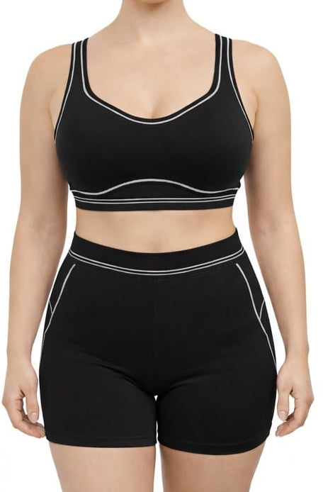 Activewear Set Small Women Activewear White Trim Sports Bra With Matching Shorts Set
