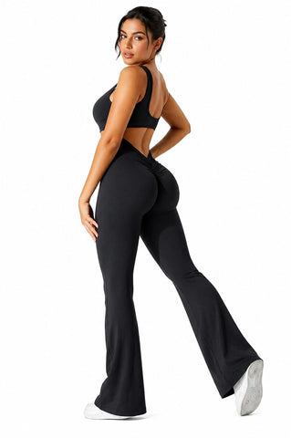 Activewear Set Women Flare Fitted Bodysuit Long Jumpsuit Romper