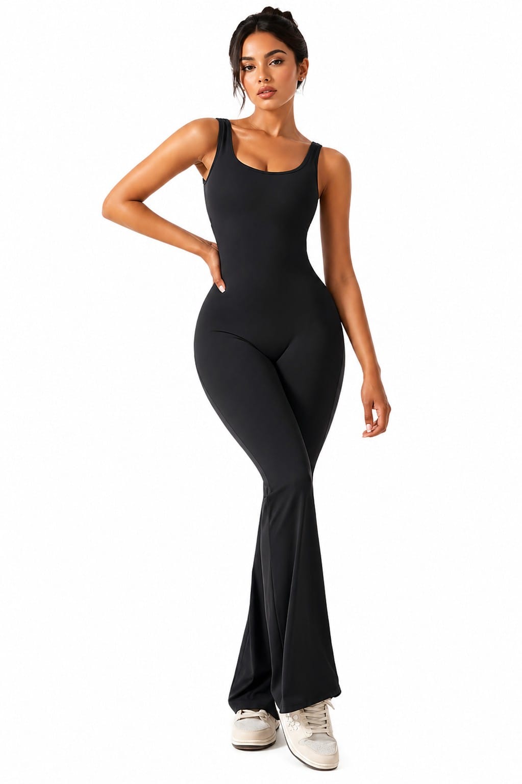 Activewear Set Women Flare Fitted Bodysuit Long Jumpsuit Romper