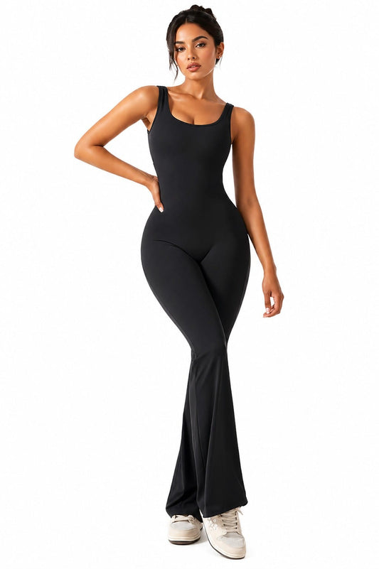 Activewear Set Women Flare Fitted Bodysuit Long Jumpsuit Romper