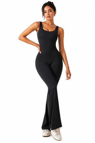 Activewear Set Women Flare Fitted Bodysuit Long Jumpsuit Romper