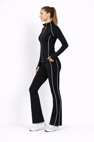 Activewear Set Women Gold Zipper Jacket Flare Leggings Set