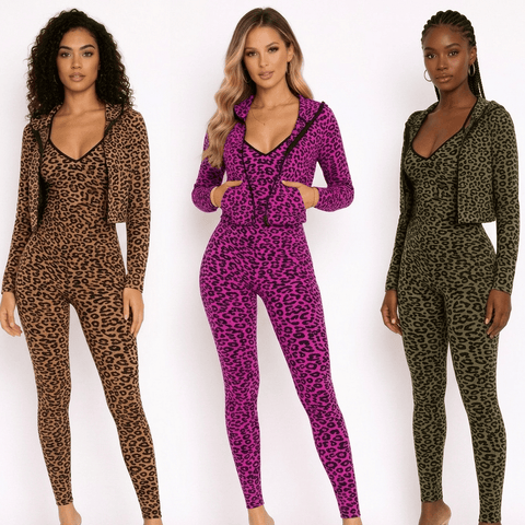 Activewear Set Women Leopard Print Fitted Long Bodysuit Romper