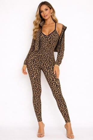 Activewear Set Women Leopard Print Fitted Long Bodysuit Romper