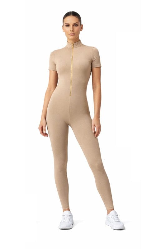Beige / Small Gold Zipper Short Sleeve Active Wear Jumpsuit