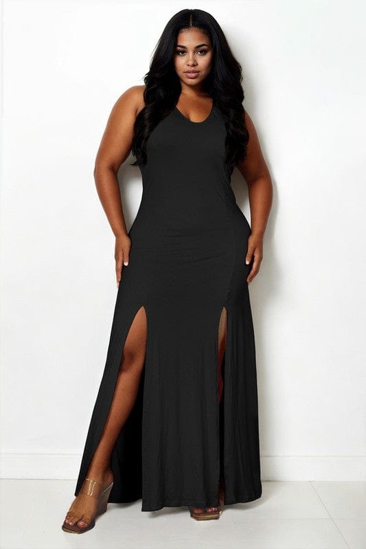 Black / 1XL Plus Size Plunge Neck Thigh Split Maxi Dress