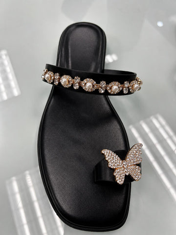 Black / 5.5 Sparkling Butterfly & Pearl Embellished Toe-Ring Flat Sandals