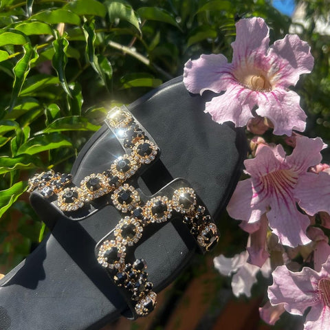 Black / 5.5 Women's Embellished H-Strap Flat Sandals – Jewel encrusted Slip-On Summer Slides