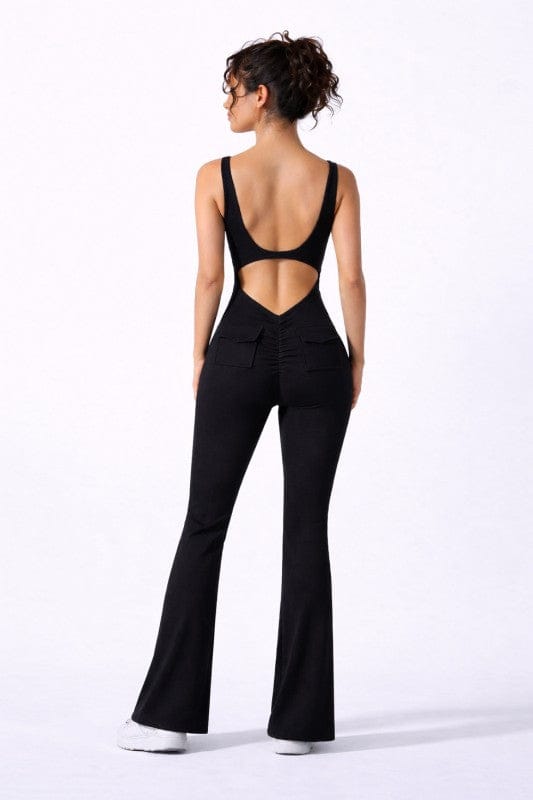 Black / Medium Open Back Scrunch Butt Flare Bottom Jumpsuit
With Pockets